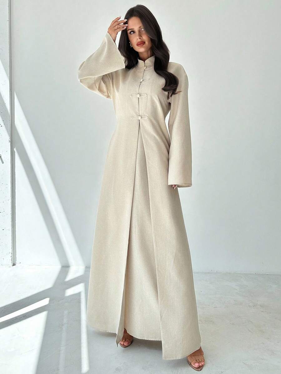 Firerie 女士优雅复古纯色高开叉加长上衣和裤子两件套 - 卡其色 - 查看 1