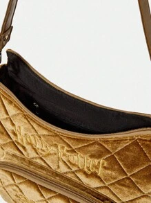 HARRY POTTER X SHEIN Women's Fashionable Retro Minimalist Versatile Brown Velvet Quilted Letter Embroidery Shoulder Bag, Suitable For Daily Outing And School - Brown - View 7