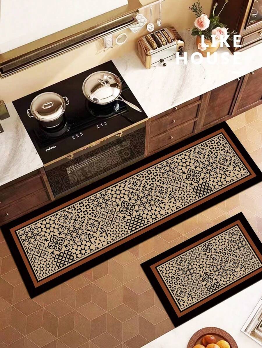 SHEIN 1Pc Frame Plaid Pattern Kitchen Mat, Gel Cushion Anti-Fatigue Floor Carpet, Absorbent Kitchen Rug And Mat, Simple Gel Soft Rubber Floor Mat For Kitchen, Bathroom, Entryway, Laundry Room