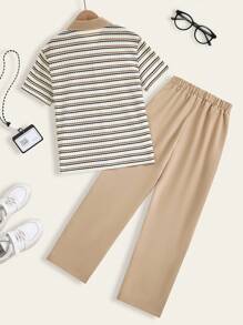 SHEIN 2pcsTween Boy Polo Co-Ords Casual Daily Wheat Yellow Textured Woven Fabric Short Sleeves Polo Regular Thicknessdaily Vacation Summer And Autumn Contrast Stripesback To School Polo Shirt And Khaki Pants Suit - Khaki - View 2