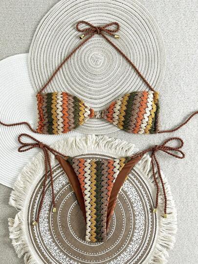 Swim Vcay Summer 2pcs Beach Set For Women, Unique Texture Hollow Knit Fabric Top And Pants With Drawstring On Both Sides, Swimwear Bikini Set