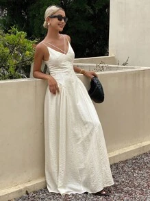 Livesso 新款秋季返校休闲度假风吊带长裙女式连衣裙邮轮穿搭 - 杏色 - 查看 5