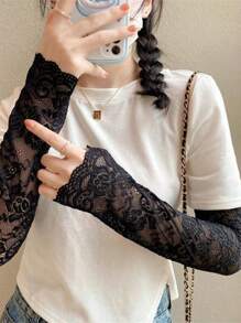 女士优雅蕾丝袖套 - 花卉刺绣防紫外线太阳袖，透气弹性露指手套，夏季时尚配饰，轻质针织袖套，适合户外、婚礼、派对、办公室、休闲穿着，仅可手洗