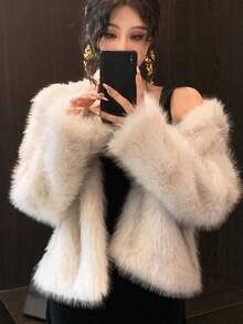 DAZY 女士宽松仿毛领长袖外套，时尚派对秋冬女式外套