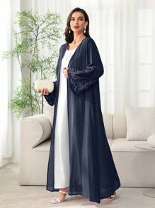 SHEIN Najma Spring/Summer Lightweight Open Front Abaya Jacket With Embroidered Floral Trim On Cuffs And Placket - Navy Blue - View 4