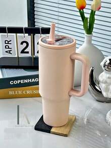 蜜桃粉色 - 20/30/40盎司不锈钢保温杯，带手柄和可折叠吸管，双层真空隔热，冷热饮皆宜，简约旅行杯 - 杏粉色 - 查看 3