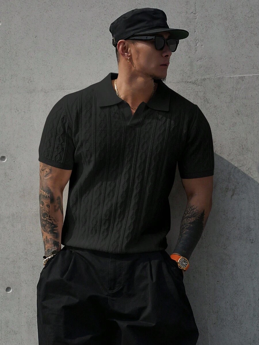 DAZY Men's Polo Collar Textured Jacquard Knit Top, Spring/Summer - Black - View 1
