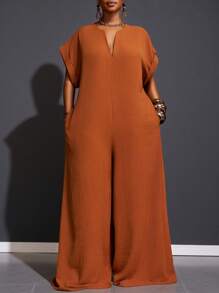 Veslaya Bộ đồ liền thân ống rộng tay ngắn cổ chữ V sâu màu sô cô la phong cách tối giản thanh lịch mới 2025 cho nữ cỡ lớn - Rỉ Nâu - Xem 5