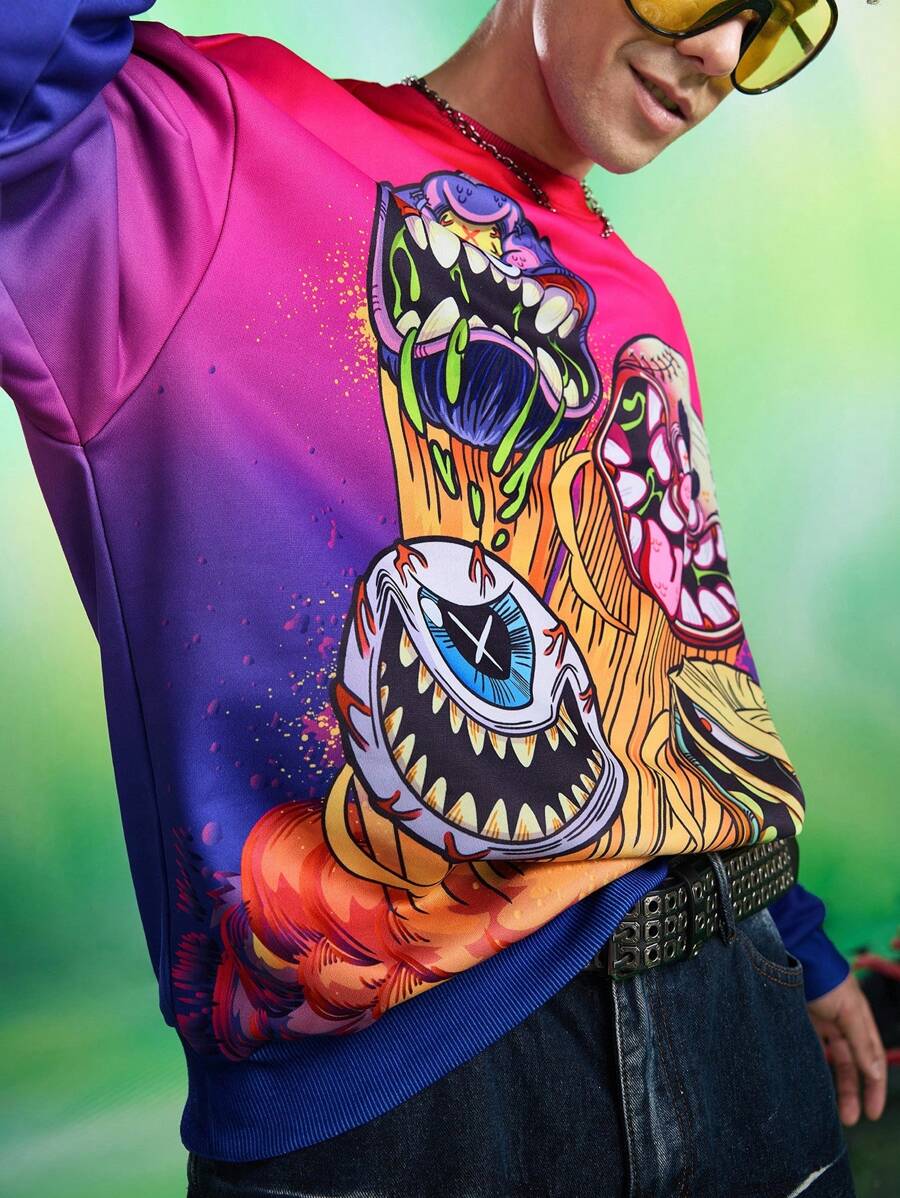 MADBALLS X SHEIN Men's Casual Everyday Gradient Cartoon Pattern Crew Neck Sweatshirt - Purple - View 1
