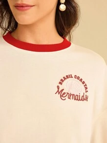 CAJUNI 女士休闲度假美人鱼印花长袖短款运动衫秋冬女装 - 杏色 - 查看 5