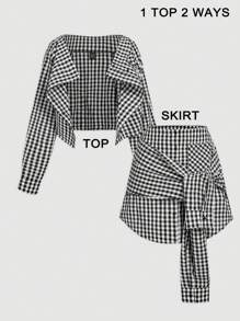 SHEIN MOD 黑白格子双面衬衫，1 件上衣，2 种穿法，乡村音乐会，可爱，生日，西部女装，度假，复古，早午餐，外出上衣，学校，办公室，工作，返校，机场 - 黑與白 - 查看 1