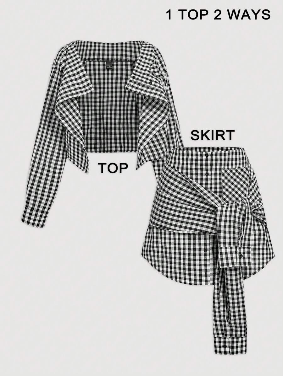 SHEIN MOD 黑白格子双面衬衫，1 件上衣，2 种穿法，乡村音乐会，可爱，生日，西部女装，度假，复古，早午餐，外出上衣，学校，办公室，工作，返校，机场 - 黑與白 - 查看 1