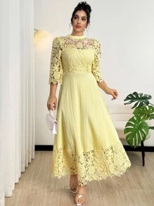 Modelyn Vestido largo de manga larga con parches de bordado de ojal amarillo y talla grande para mujeres - Amarillo - Ver 7