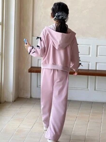 Genkimix Kids 2pcs Tween Girl Fashion Casual Outfit: Hoodie Jacket With 3D Bow Decor And Solid Color Straight Leg Pants Chic Outfits For Autumn/Winter - Pink - View 2