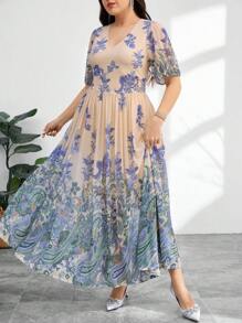 Modelyn Plus Size Women Floral Print V-Neck Puff Sleeve Elegant Dress - Multicolor - View 1