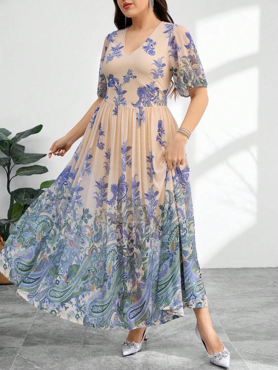 Modelyn Plus Size Women Floral Print V-Neck Puff Sleeve Elegant Dress - Multicolor - View 1