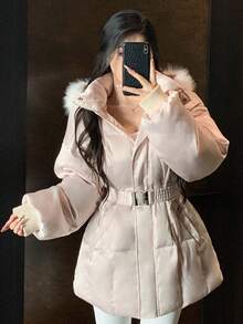 DAZY 冬季休闲毛领宽松女士夹棉大衣 - 杏色 - 查看 6