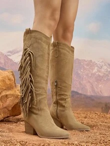 Daringsoles 女式尖头粗跟侧拉链绒面流苏西部靴，绒面刺绣过膝马靴，秋冬款 - 杏色 - 查看 6