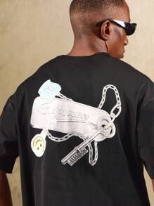 SUMWON Áo thun SMWN Society Streetwear cỡ lớn cao cấp in họa tiết khóa xích bạc thiết kế đồ họa lễ hội mùa hè thường ngày đô thị thiết yếu - màu đen - Xem 3