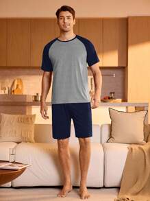 男士撞色插肩短袖T恤和短裤睡衣套装男士休闲套装男士睡眠短裤睡衣男士睡衣套装夏季睡衣套装 - 彩色 - 查看 3