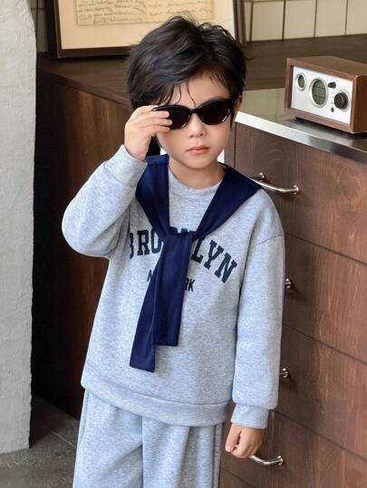 Genkimix Kids 2 件套幼儿男童针织运动衫和斗篷套装，韩式简约时尚，返校服，校服，儿童返校服