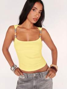 SHEIN BAE Women's Casual Beaded Decorated Tank Top, Summer - Yellow - View 7