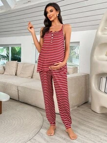 SHEIN 孕妇休闲条纹印花前拉链连体裤