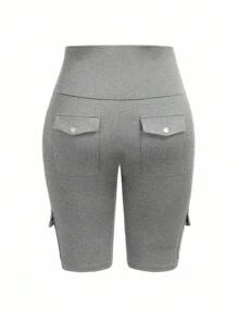 SHEIN LUNE Plus Size High Waist Fold-Over Cargo Running Shorts With Pockets, Tummy Control & Butt Lifting - Grey - View 2