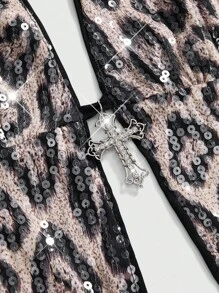 ROMWE Grunge Punk Punk Rock Chic Summer Beach Party, Festival Music Event Street Style, Y2K Millennium Halter Sexy Leopard Sequin Cross Pendant Women Tank Top - Purple - View 3