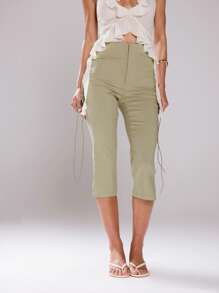 MUSERA Side Laced Up Capri Pants 90's Summer, Ibiza, Cute Winter Party - Brown - View 4