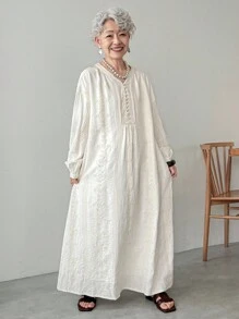 FRIFUL Women's Beige Drop Shoulder Long Sleeve Embroidered Dress Maxi Dress - Beige - View 4