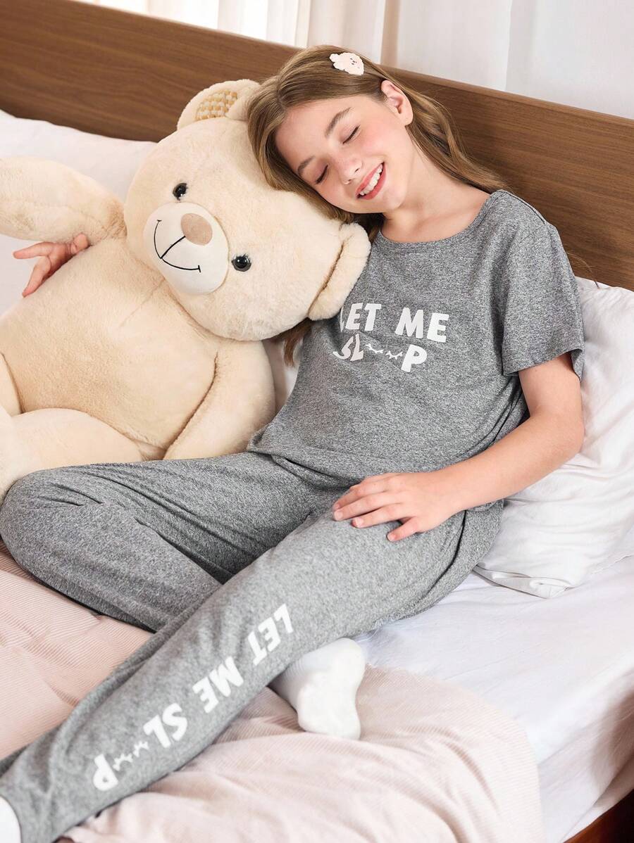 SHEIN Letter Print Short Sleeve & Pants Girls Pajama Set - Grey - View 1