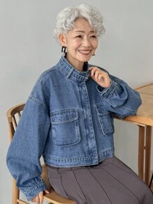 FRIFUL 女式立领休闲水洗牛仔夹克 - 藍色 - 查看 2