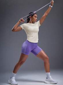 Powerista Solid Color Fitted Round Neck Asymmetric Hem Short Sleeve Athletic T-Shirt Gym Women Shirts - Beige - View 7