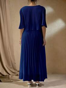 Roveilla Plus Size Elegant Lady Solid Color Pleated Chiffon Dress, Spring & Summer - Navy Blue - View 2