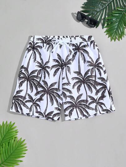 SHEIN Short de plage en tissu tissé imprimé d'un motif d'arbre de palmier, style vacances pour hommes. Assortiment familial maman et moi (les 4 pièces sont vendues séparément)