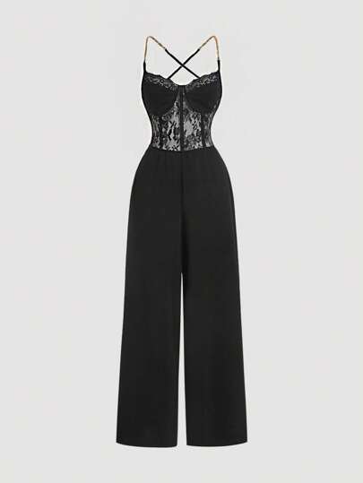 SHEIN MOD Solid Color Lace Bustier Criss-Cross Halter Wide Leg Jumpsuit,New Year,Valentine Pants,Lace Jumpsuit,Tall Women Pants