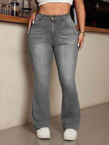 SHEIN Cottnline Plus Size Casual Traditional Washed Slim Fit Flare Leg Jeans Formal Going Out Grey Summer - Grey - View 4