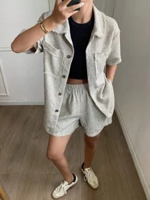 DAZY 2件套女士夏季休闲条纹衬衫和短裤套装 - 米色 - 查看 4