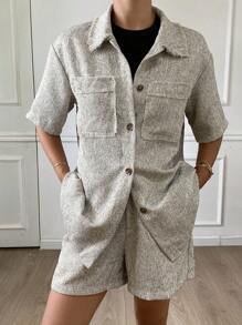 DAZY 2件套女士夏季休闲条纹衬衫和短裤套装 - 米色 - 查看 7