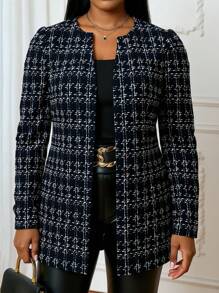 SHEIN Lady Plus Size Women's Elegant Plaid Print Front Open Coat For Wedding Guest, Teacher Winter Fall Autumn