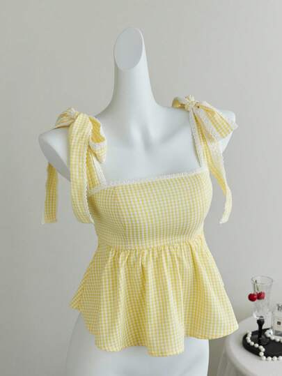 Elamini Women's Ruffled Hem Cute Plaid Tie Strap Camisole