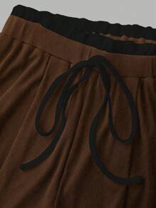 SHEIN Unity 2 件套女士拼色针织弹力修身运动服套装，包含背心和裤子，适合健身、休闲和家居服 - 棕色 - 查看 6