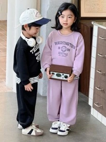 Genkimix Kids 两件套男童针织印花卫衣和裤子套装，韩版风格 - 寶藍色 - 查看 6