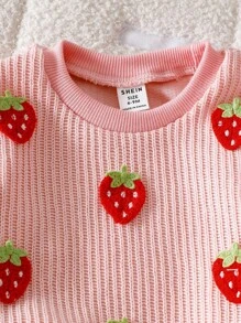 SHEIN Vintaside Kids 2pcs Baby Girl Autumn/Winter Knitted Sweater With Red Strawberry Pattern + Denim Pants Set Fall - Pink - View 6