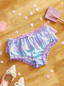 FairyFlirt 田园浪漫甜美浅紫色花卉刺绣荷叶边下摆二合一公主风女士三角荷叶边内裤荷叶边内裤可爱内裤荷叶边内衣，灯笼裤