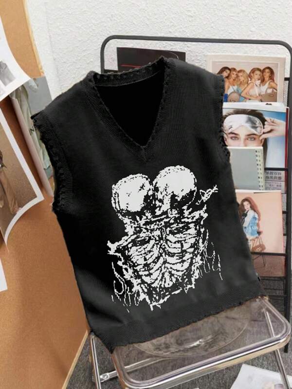 Claim Dot Plus Size Men's Casual Street Dark Skeleton Print V-Neck Distressed Edge Loose Knit Sweater Vest Halloween Party , Fall Winter