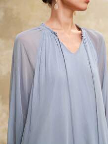 Arave Đầm đi làm, đi chơi, đi nghỉ, cổ chữ V, tay bồng nhẹ nhàng, dễ thương cho nữ, mùa hè - Màu xanh lam - Xem 2