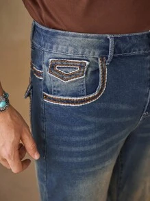 Manfinity Homme Vintage Washed Blue Denim Jeans With Embroidery, Casual American Style, Suitable For All Seasons - Blue - View 5