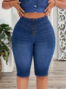 SHEIN SXY Plus Size Autumn Women High Waist Zipper Personalized Fashion Cropped Jeans Vacation Outfit